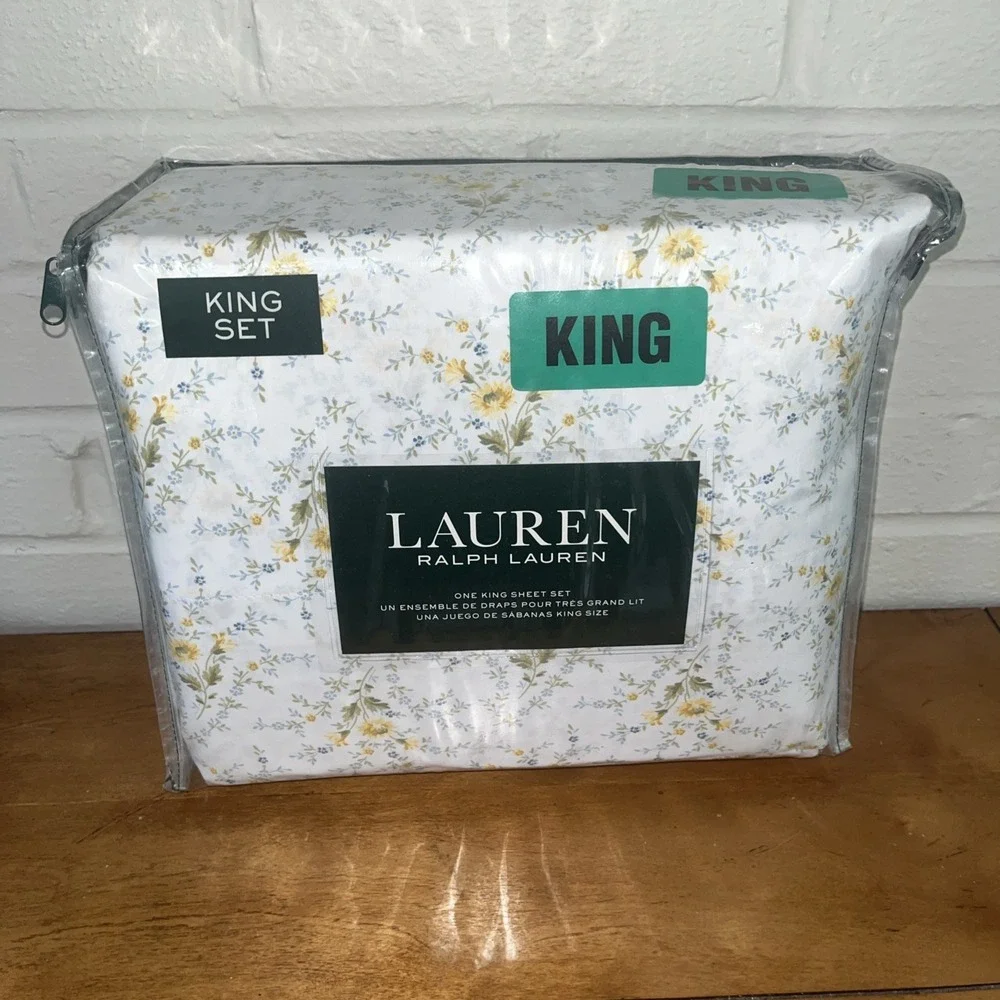 NIB Lauren Ralph Lauren King Sheet Set Nelida Yellow Blue Wildflower Cottage VTG
